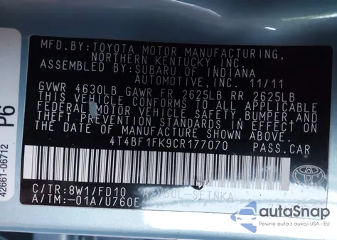 2012 Toyota Camry Le from USA, damaged, VIN 4T4BF1FK9CR177070